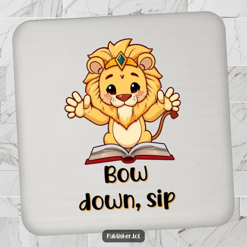 Funny Drink Coaster: Regal lion character gestures authoritatively at a book layout, protecting surfaces with majestic humor.