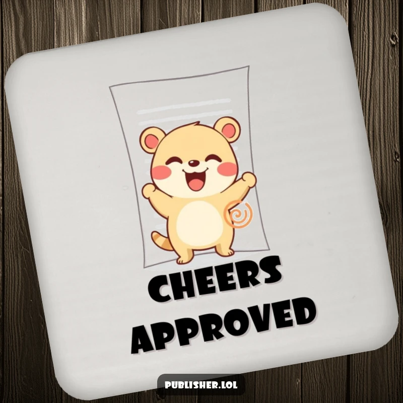 Funny Drink Coaster: A cute animal character enthusiastically stamps a large document with a wide, happy grin.