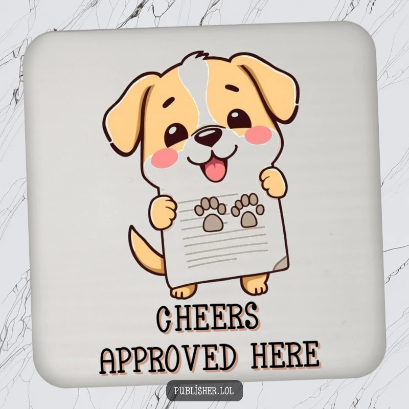 Funny coaster, cute dog enthusiastically stamping document, happy paw mark, office approval, protects surfaces with doggy fun for funny gift seekers.