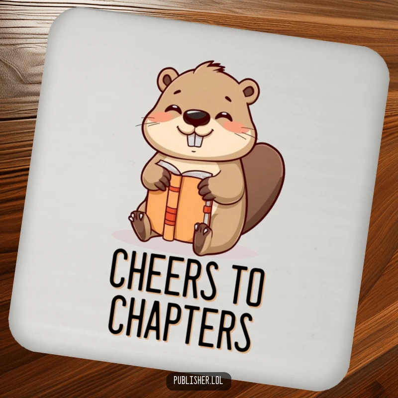 Funny drink coaster with a helpful beaver character binding a book with gusto and a satisfied nod, protecting surfaces with charm.