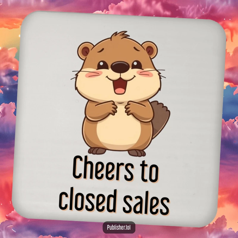 Funny Drink Coaster featuring a delighted beaver closing a deal with a handshake, bringing humorous celebration and business flair to any surface.