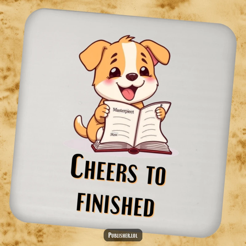 Funny Drink Coaster: Happy dog character barks at a finished manuscript, protecting surfaces with authorial joy.
