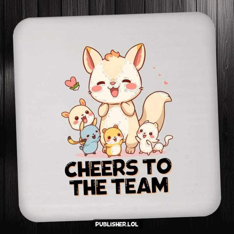 Funny drink coasters featuring a whimsical animal character energetically collaborating with tiny creatures, protecting surfaces with a theme of togetherness.