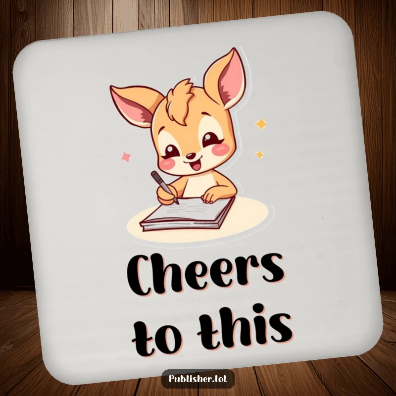 Funny fawn drink coaster featuring a joyful character signing a document with a cheerful flourish, adding a touch of celebration to tabletops.