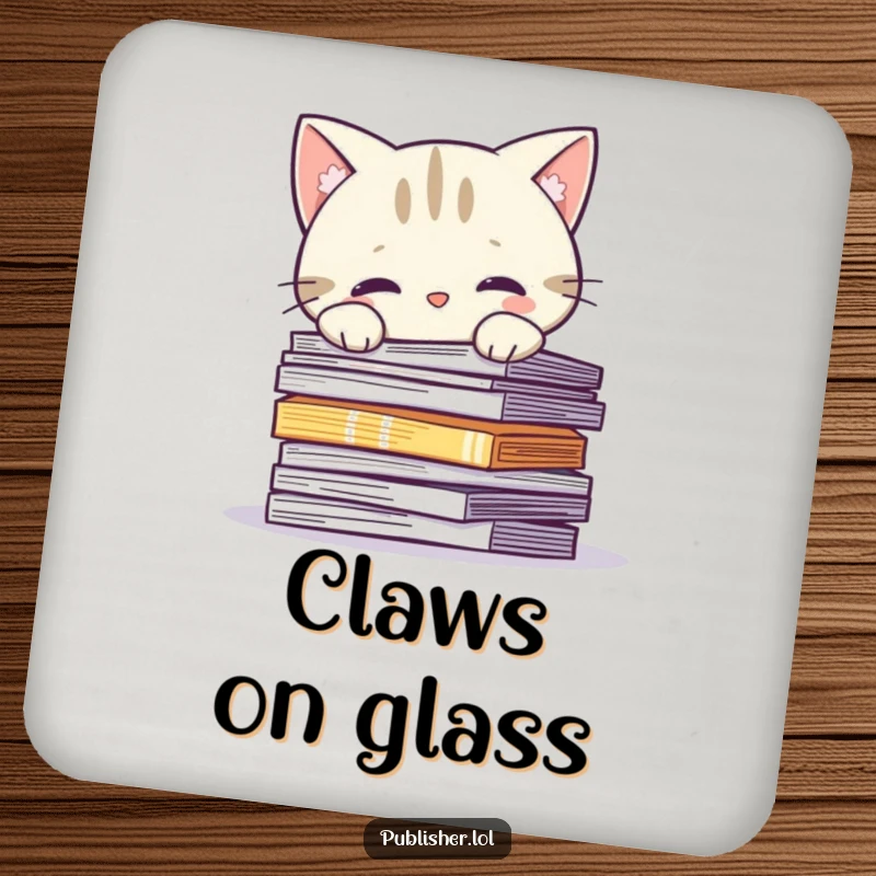Funny Drink Coaster: Curious cat character peeks over printed pages, protecting surfaces with feline and literary humor.