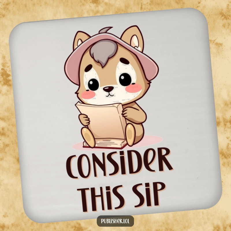 Funny drink coasters featuring a curious animal character thoughtfully considering a large manuscript, protecting surfaces with a scholarly theme.