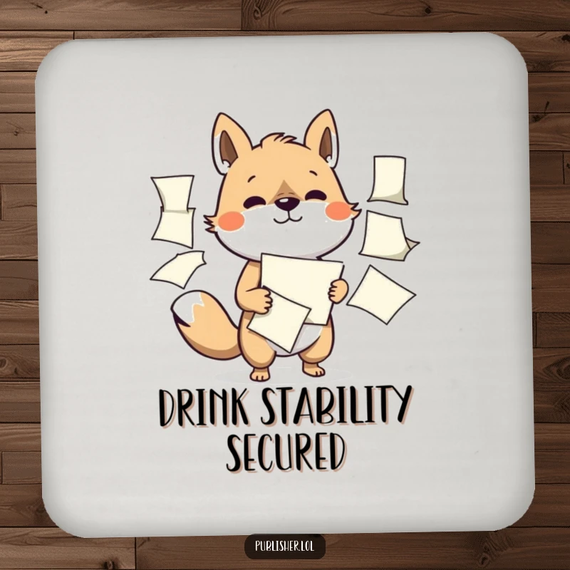 Funny drink coasters featuring a determined animal character expertly managing multiple flapping papers, protecting surfaces with a busy theme.