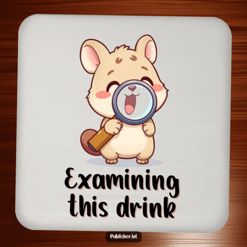 Funny drink coaster featuring an animal character using a magnifying glass, perfect for surface protection and a funny gift.