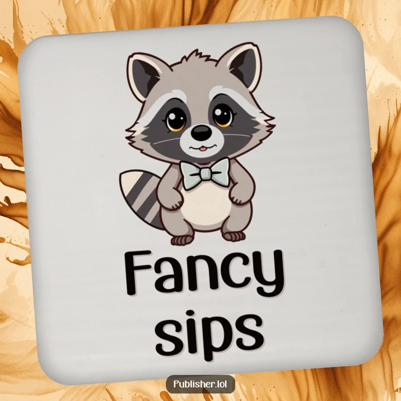 Funny kawaii raccoon drink coaster featuring a dapper character in a bow tie looking important, adding sophisticated humor to tabletops.