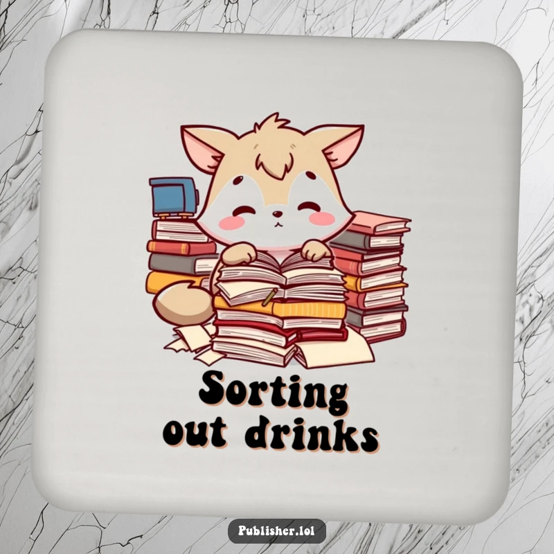 Funny drink coaster featuring an animal character sorting manuscripts, perfect for surface protection and a funny gift.