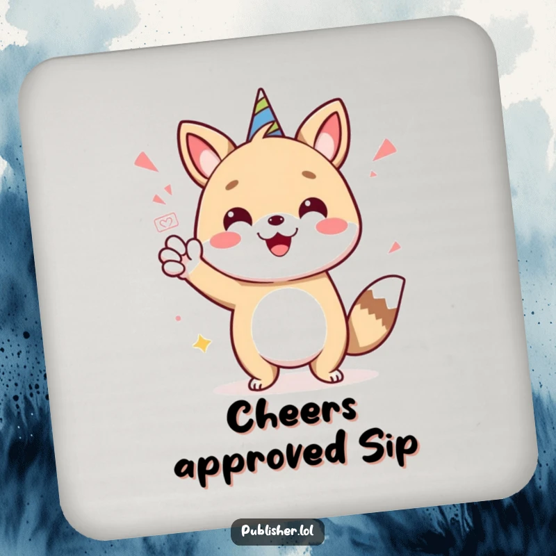 Funny drink coaster with a cheerful animal character giving a stamp of approval, protecting surfaces with a touch of humor.