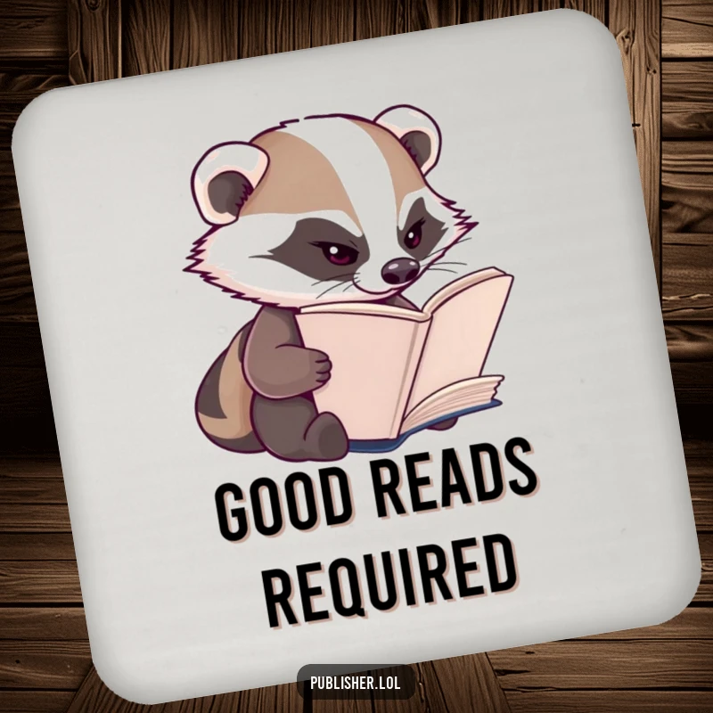 Funny Badger Drink Coaster: A diligent badger character squints while inspecting book pages, adding focus.