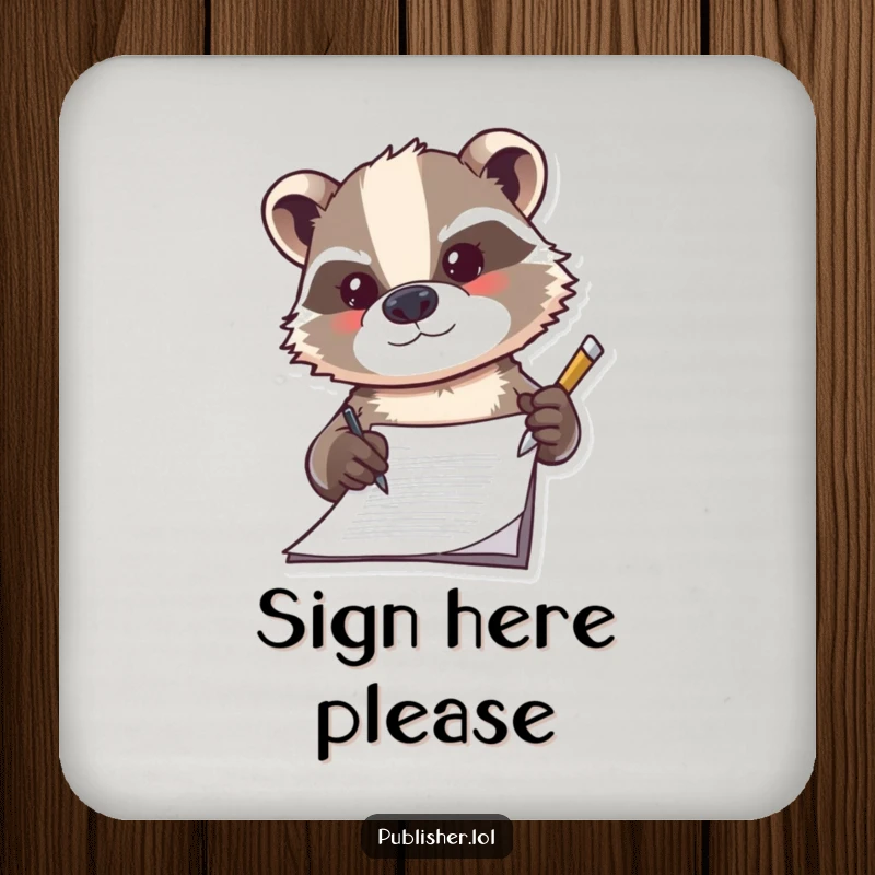 Funny badger coaster, determinedly signing a document with a flourish, protecting surfaces with professional and humorous charm.