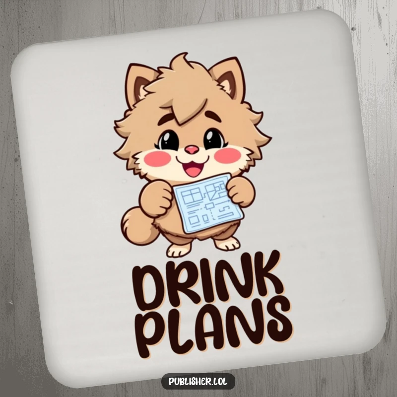 Funny Blueprint Project Coaster with a cheerful, grinning character showing a blueprint, protecting surfaces with humor and design.