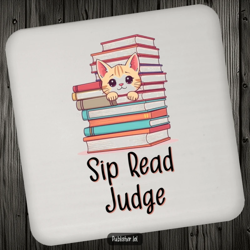 Funny drink coasters featuring a curious cat peeking from behind books, adding a humorous and practical touch.