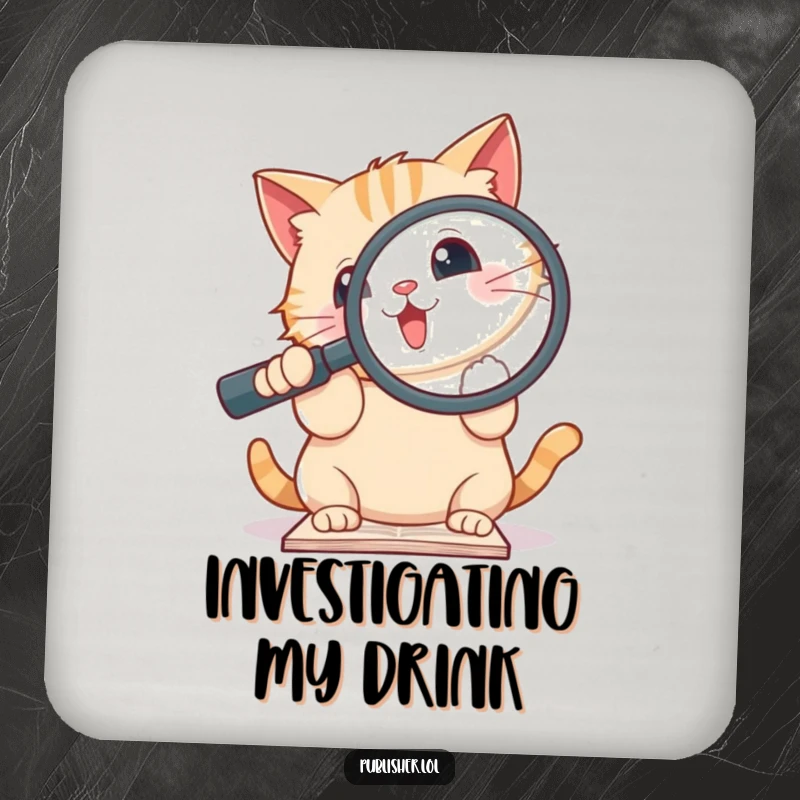 Funny drink coaster with a cute cat holding a magnifying glass over a document, adding humor to any table setting.