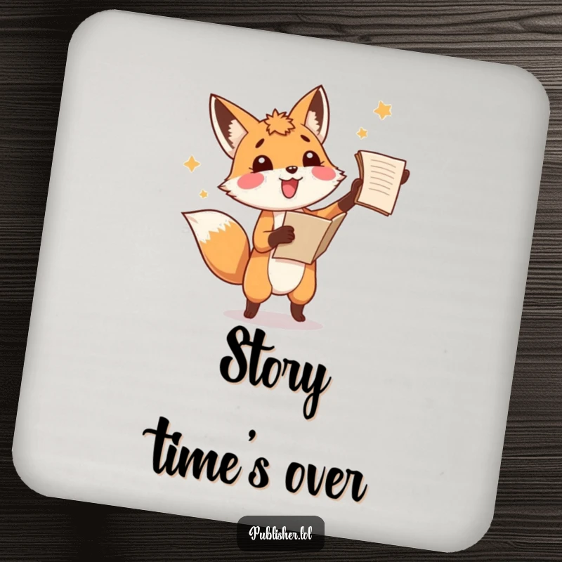 Funny fox coaster, playfully tossing a manuscript in the air with amusement, protecting surfaces with literary humor.