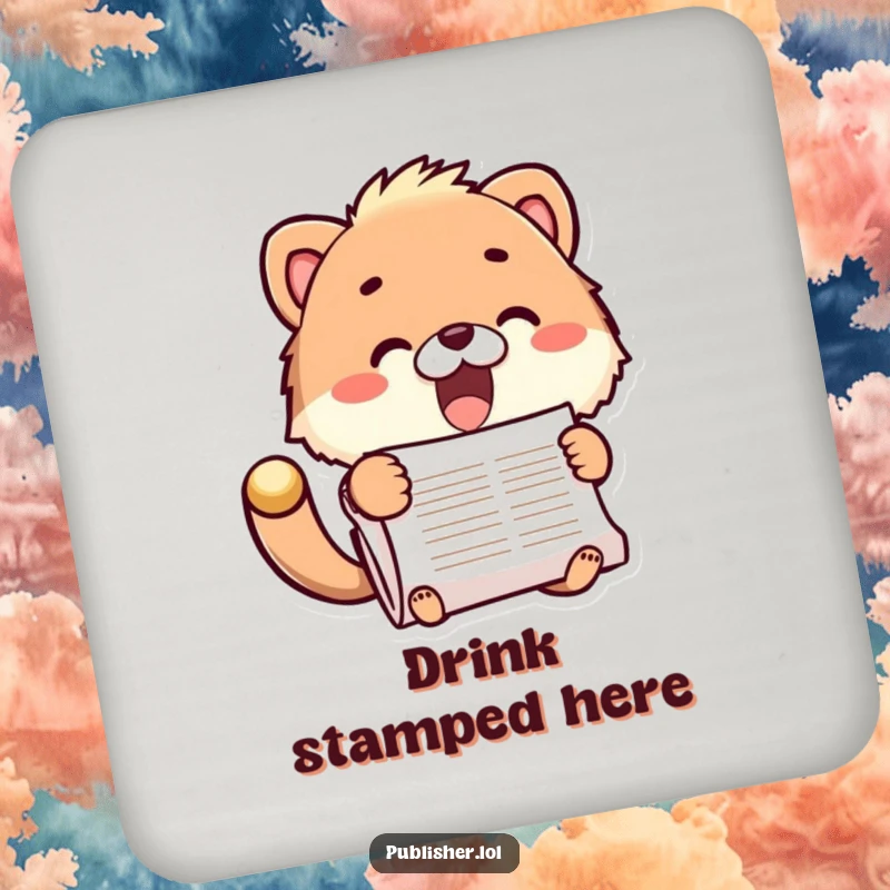 Funny drink coaster featuring a fuzzy animal enthusiastically stamping a document, perfect for surface protection and a funny gift.