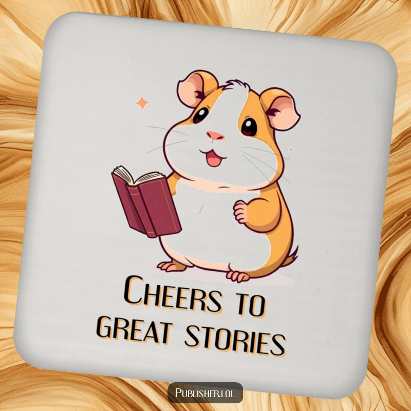 Funny drink coasters featuring a proud guinea pig presenting a novel with a flourish, perfect for adding literary humor.