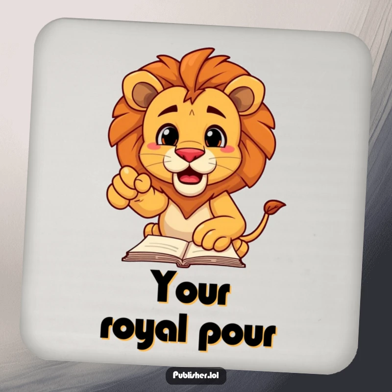 Funny drink coaster with a decisive lion character pointing authoritatively at a manuscript, adding a touch of humor and command.