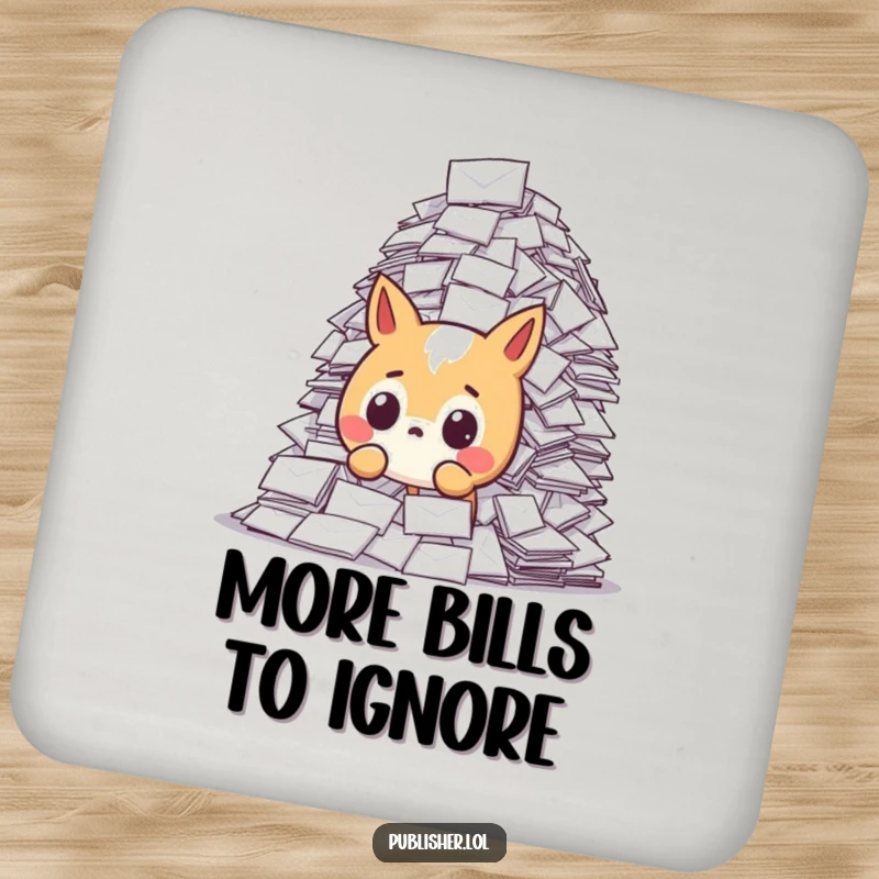 Funny drink coaster with a surprised animal character overwhelmed by a large pile of mail, adding a humorous touch to drink service.