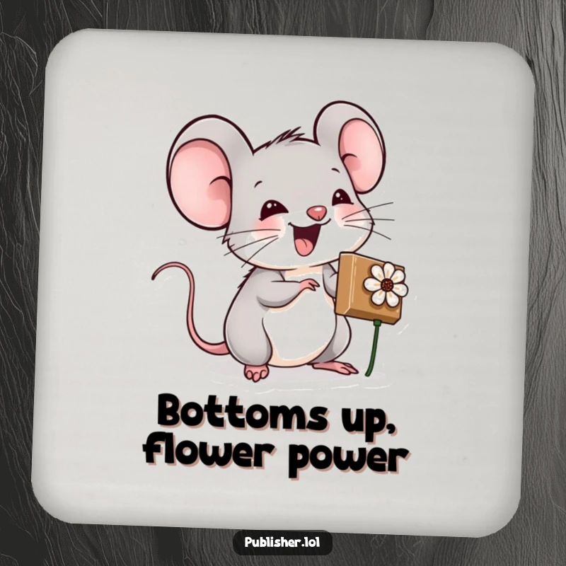Set of funny coasters featuring an excited mouse character stamping a flower, protecting surfaces with handmade charm and humor.