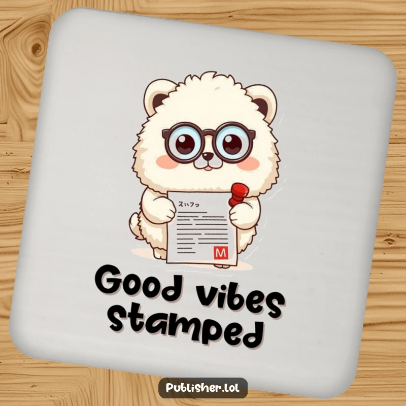 Funny coaster featuring a fluffy animal with a monocle, approvingly stamping a document, adding a touch of class to drink protection.