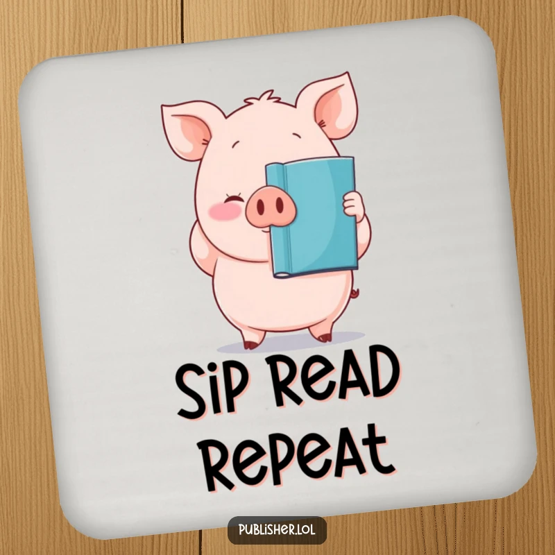 Funny drink coaster with a plump, proud pig character holding a newly printed book, a celebration of writing.
