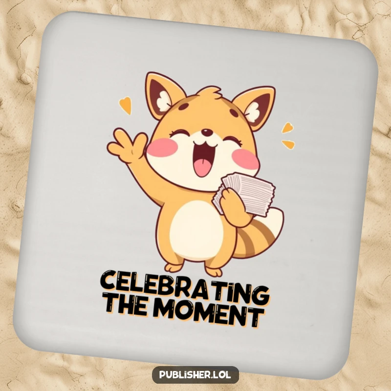 Funny drink coaster featuring a playful animal character cheering with papers, perfect for surface protection and a funny gift.