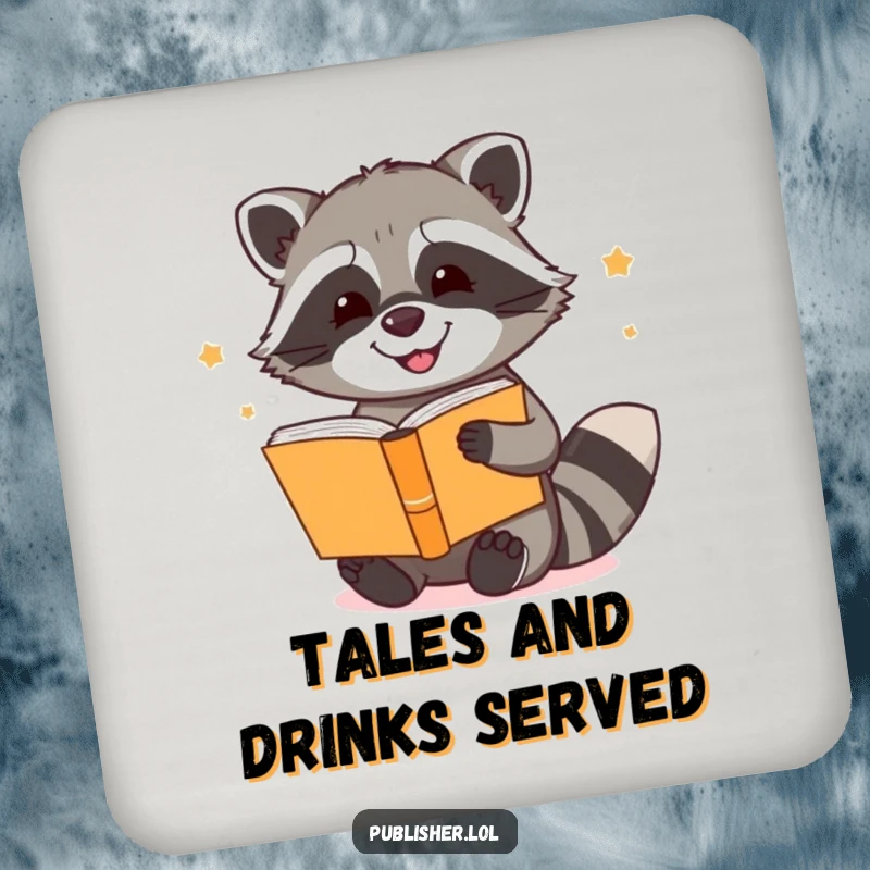 Funny drink coaster featuring a happy raccoon diligently binding a stack of books, protecting surfaces with literary flair and humor.