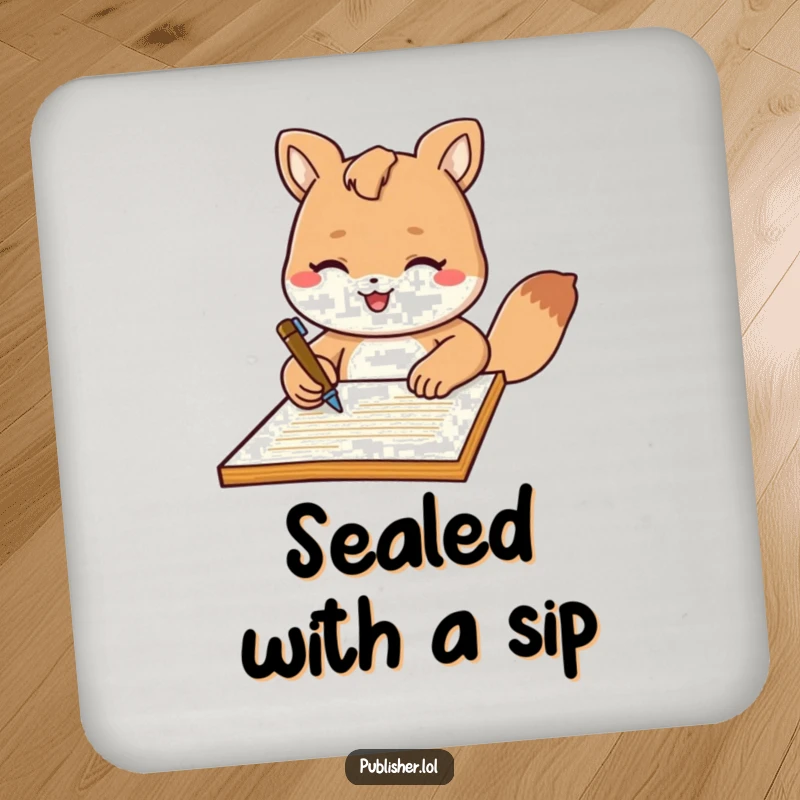 Funny Coasters: Set featuring a friendly animal character signing a document with a flourish, adding a professional and humorous touch to tables.