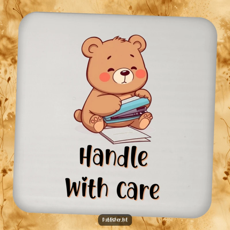 Funny Drink Coaster featuring a clumsy bear attempting to staple papers with its paw, bringing humorous relatability and charm to any surface.