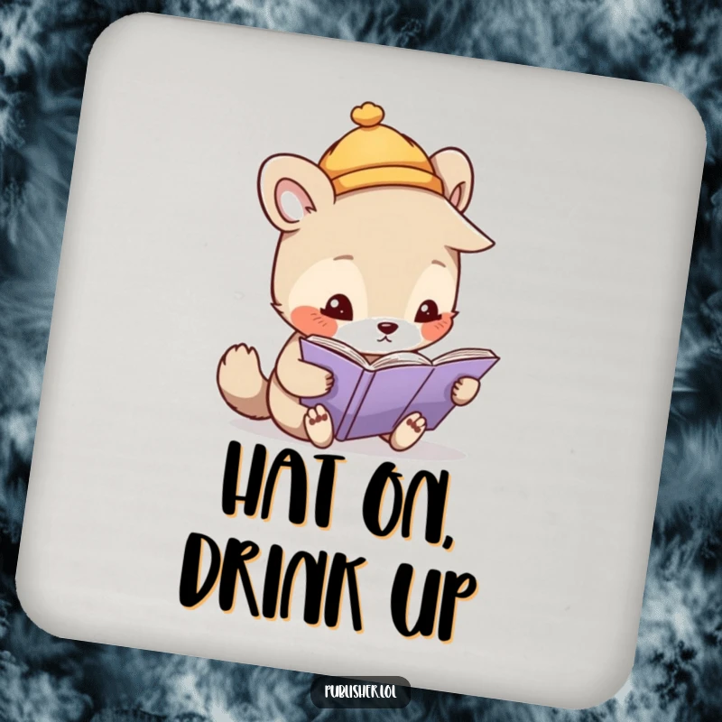 Funny drink coaster showing a whimsical animal in a tiny hat, closely inspecting a page with a magnifying glass, full of curiosity.