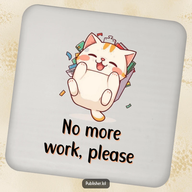 Funny cat coaster: a pudgy cat character comically tumbles backward from an overflowing email inbox, a humorous desk accessory.