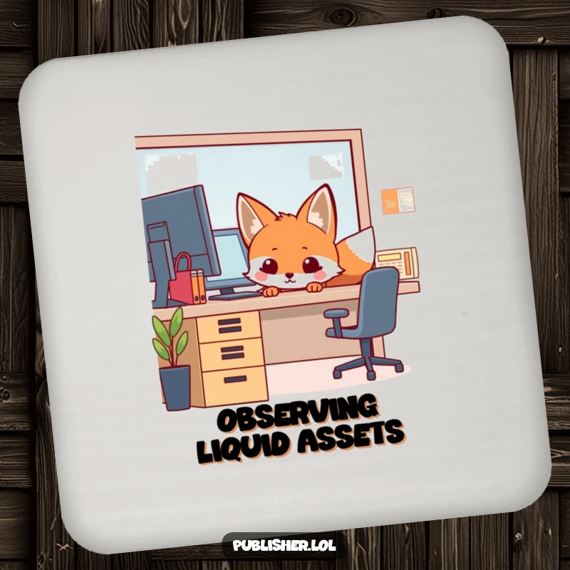 Funny Drink Coaster featuring a curious fox peeking from behind an office desk, offering witty protection and humorous charm to any surface.