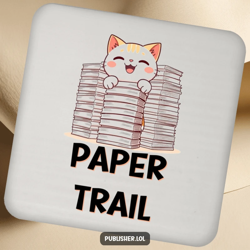 Funny Kawaii Cat Drink Coaster depicting a cat gleefully stacking immense paper piles, a humorous desk accessory.