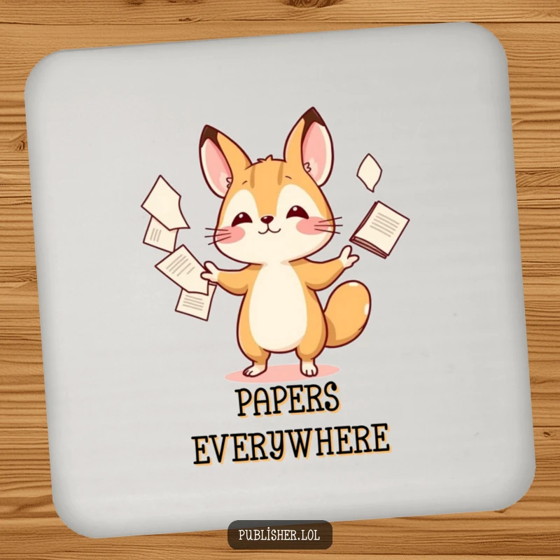 Funny drink coaster showing a tiny animal character in the process of juggling multiple papers with playful energy.