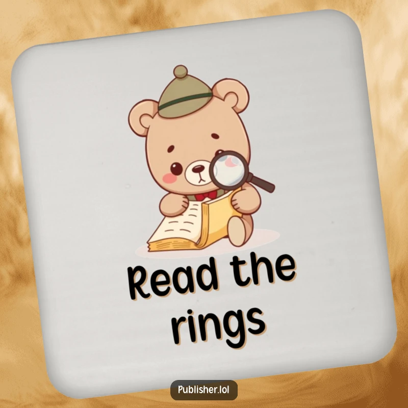 Funny Bear Investigator Drink Coaster showing a bear in a hat using a magnifying glass to inspect a tiny script.