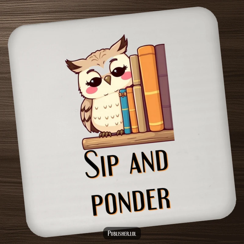 Funny drink coaster with a thoughtful owl character surveying a shelf of published works with a serene smile, protecting surfaces with charm.