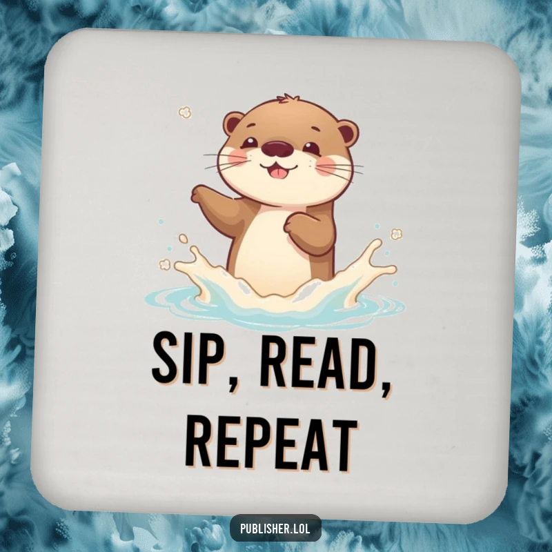 Funny Otter Drink Coaster: A playful otter character splashes a new book cover, adding pure joy to drinks.