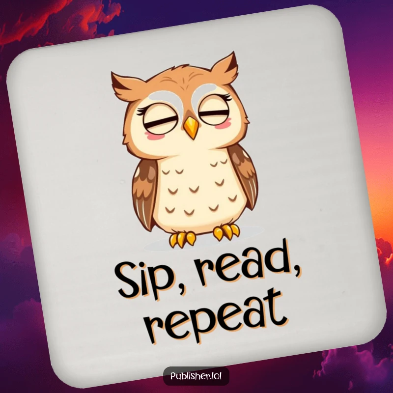 Funny drink coaster featuring a wise owl nodding approval at a freshly printed page, protecting surfaces with intellectual flair.