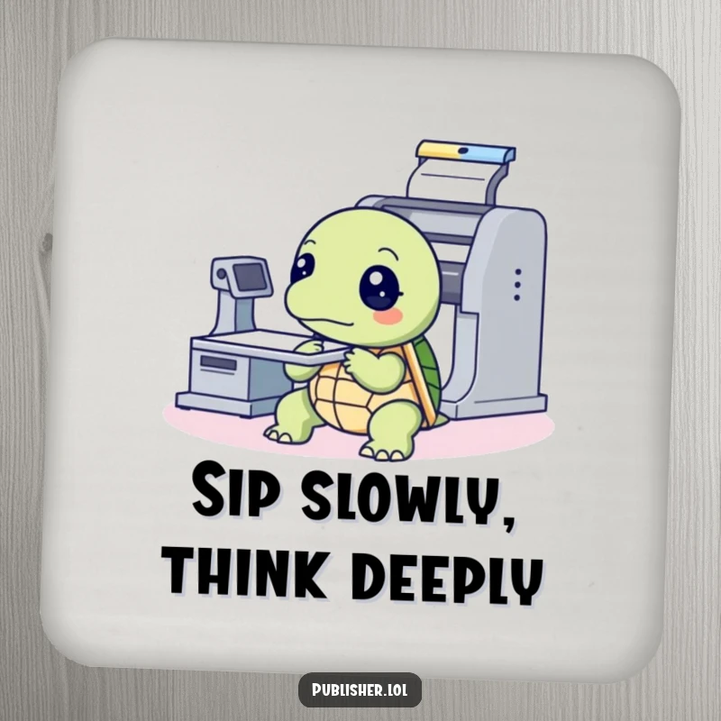 Funny Drink Coaster featuring a thoughtful turtle looking intently at a printing press machine, bringing vintage humor and contemplative charm to any surface.