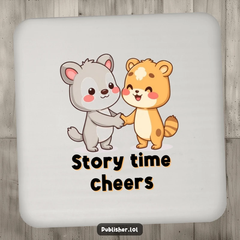 Funny coaster with a character shaking hands with an unseen author, protecting surfaces with literary charm, a great funny gift.