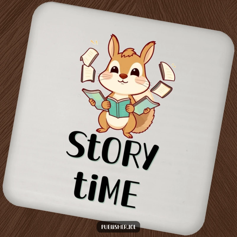 Funny squirrel drink coaster featuring a determined character comically juggling manuscripts, a humorous addition to any table setting.