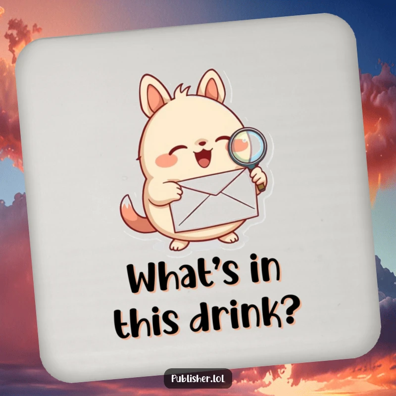 Funny drink coasters featuring a round animal character inspecting a letter with a magnifying glass, protecting surfaces with a mysterious theme.