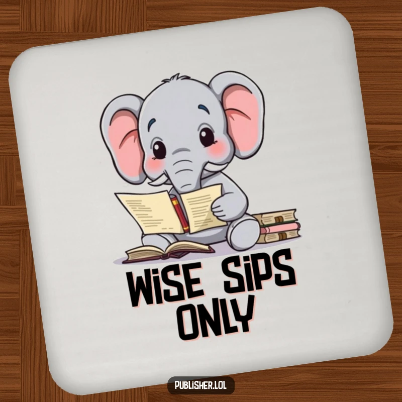 Funny drink coaster with a wise elephant character contemplating a complex publishing contract, symbolizing literary strategy.