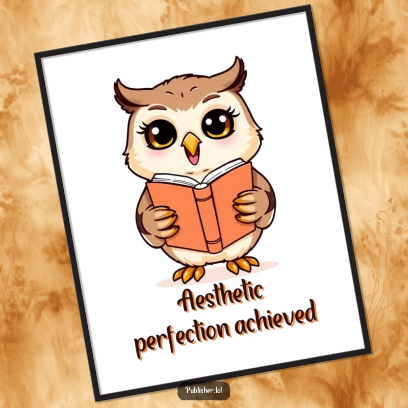 Funny cheerful owl character enthusiastically reviewing a book cover design on a vibrant poster, celebrating creative humor.