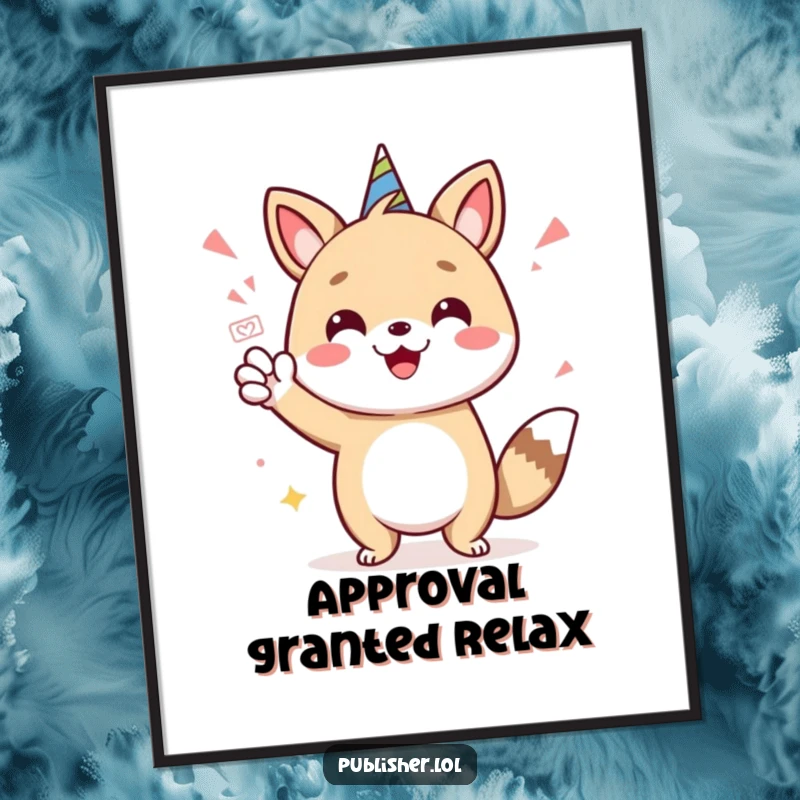 Funny poster displaying a cheerful animal character with a celebratory stamp of approval, bringing humor and positive energy to decor.