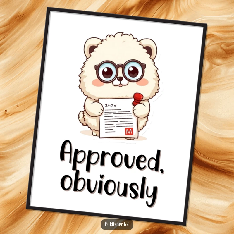 Funny poster of a fluffy animal wearing a monocle, approvingly stamping a document, symbolizing meticulousness and classic style.