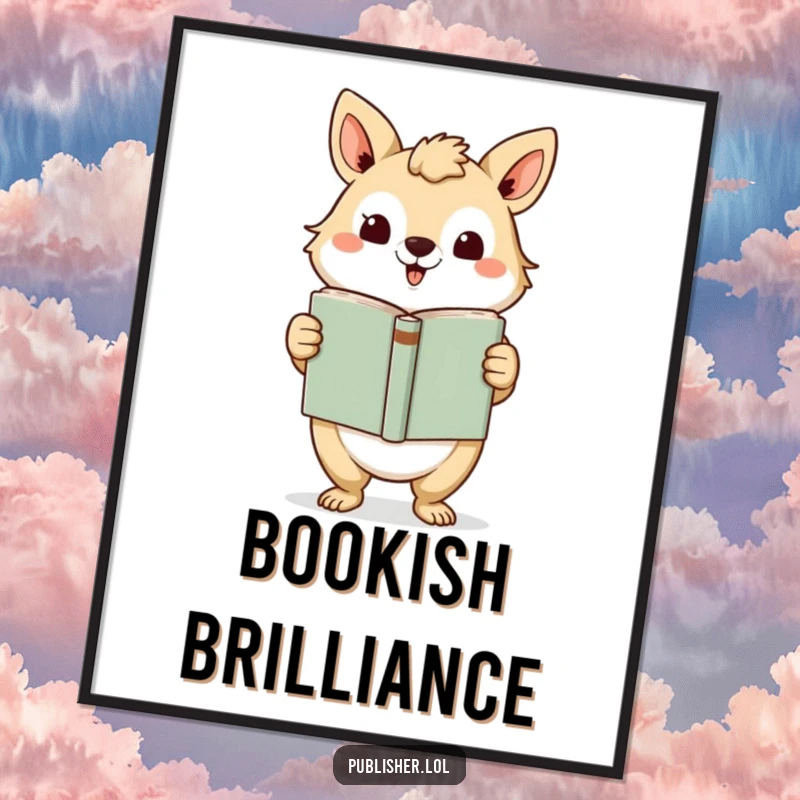 Funny Poster: Artistic depiction of an animal character presenting a finished book with a grand gesture, ideal for humorous literary decor.